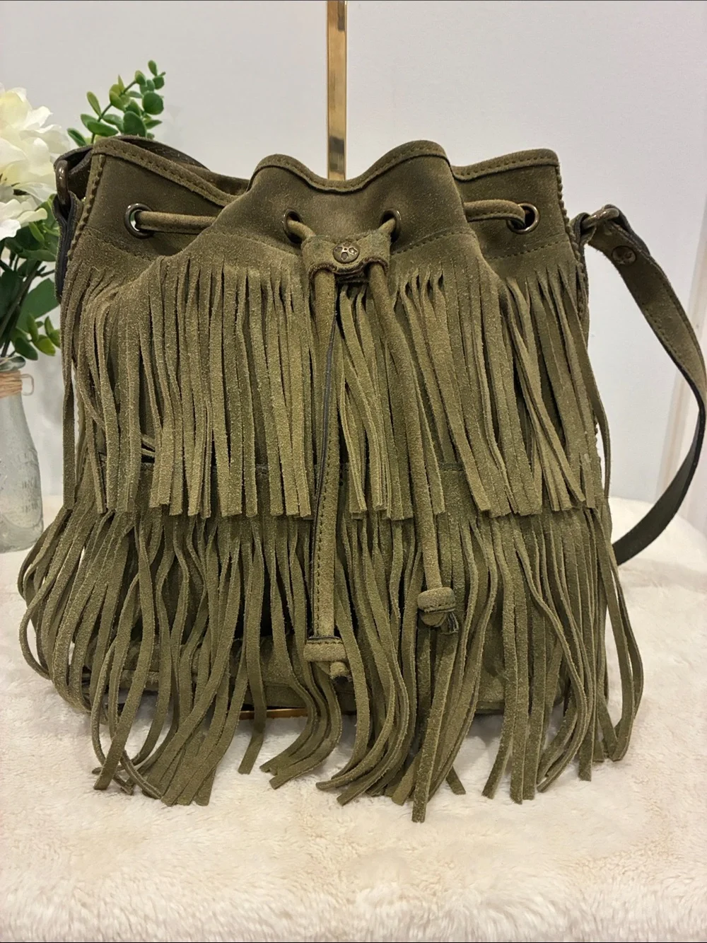 Patricia Nash Olive Green Italian Suede Leather Fringe Hobo Boho Western Bag